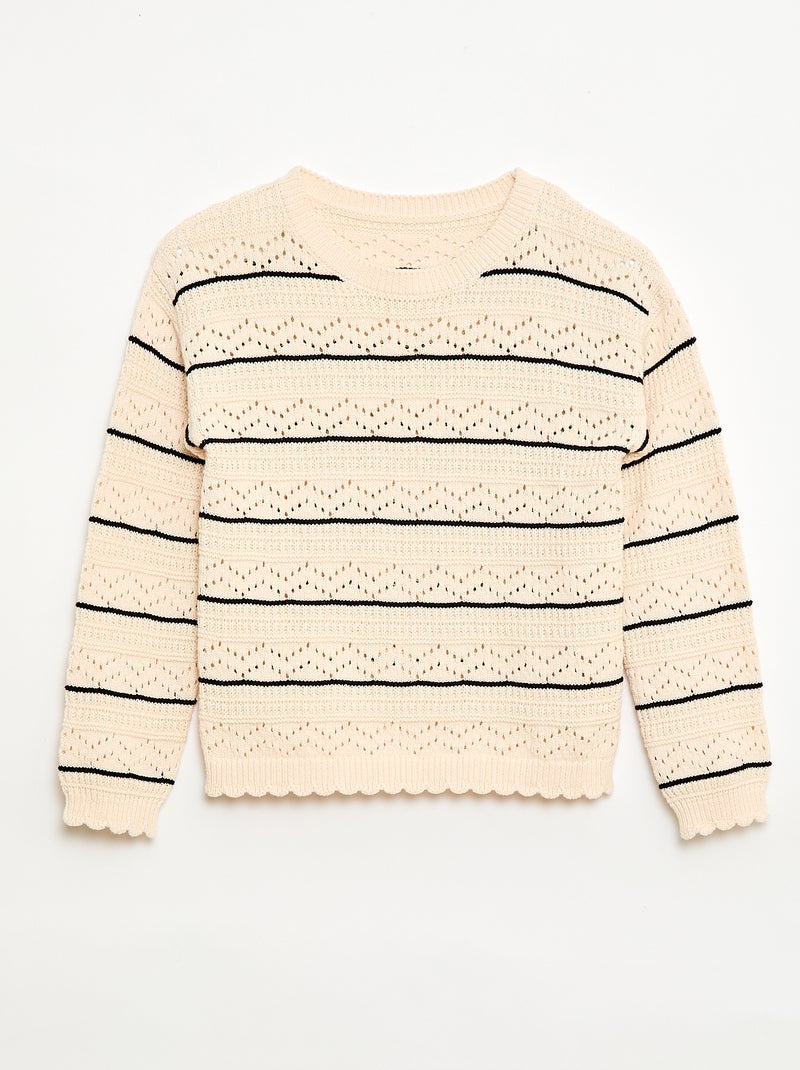 Pull col rond maillé fantaisie avec motifs ajourés en coton Blanc - Kiabi