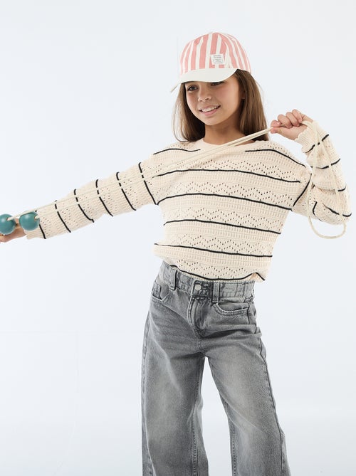 Pull col rond maillé fantaisie avec motifs ajourés en coton - Kiabi