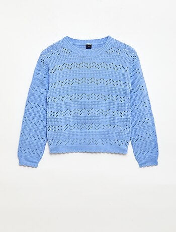 Pull col rond maillé fantaisie avec motifs ajourés en coton