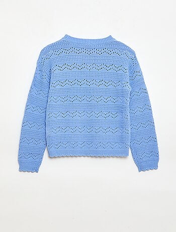 Pull col rond maillé fantaisie avec motifs ajourés en coton