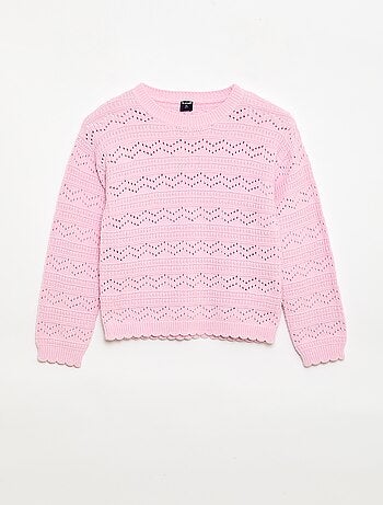 Pull col rond maillé fantaisie avec motifs ajourés en coton