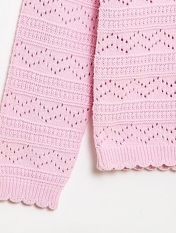 Pull col rond maillé fantaisie avec motifs ajourés en coton