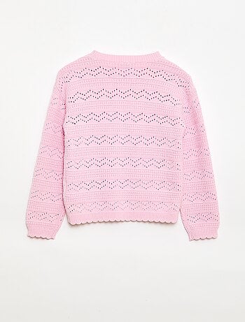 Pull col rond maillé fantaisie avec motifs ajourés en coton
