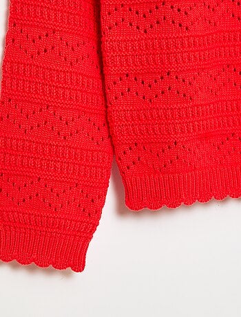 Pull col rond maillé fantaisie avec motifs ajourés en coton