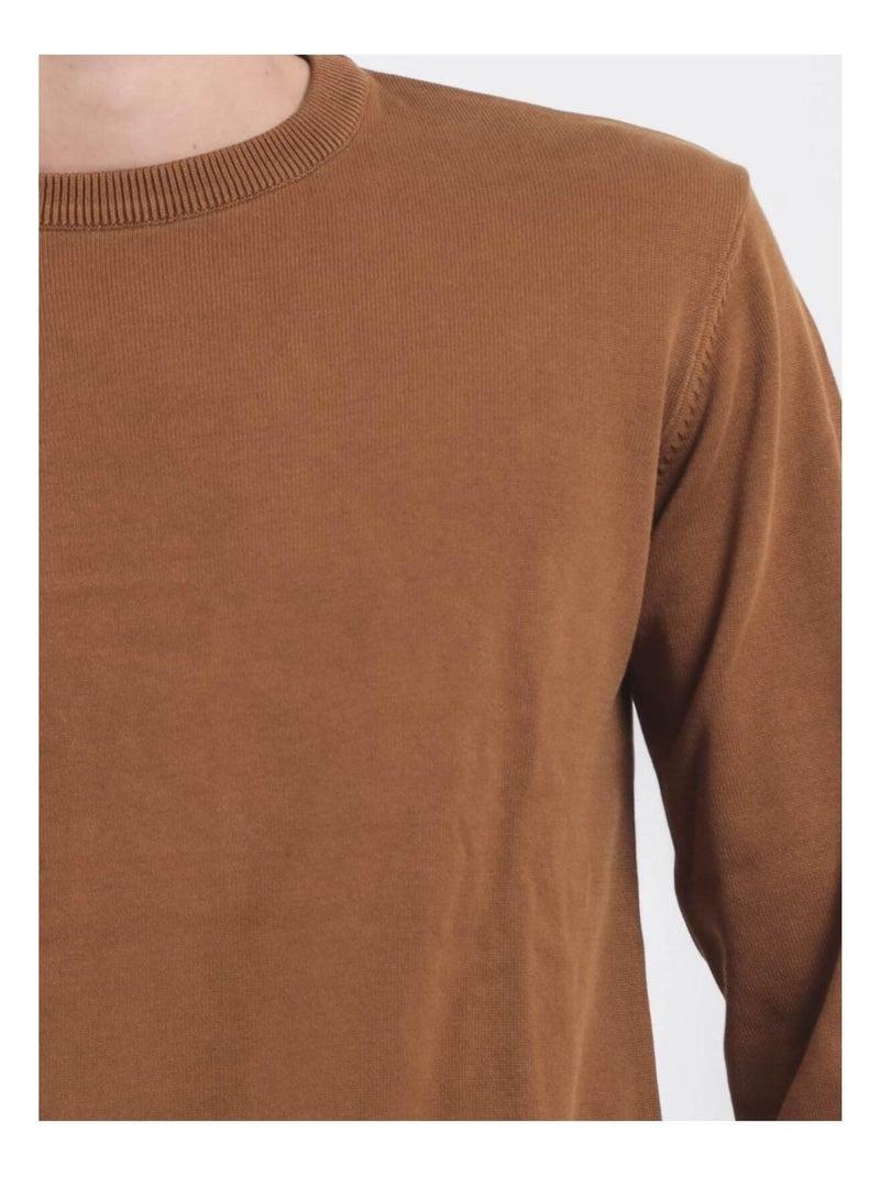 Pull col rond pur coton ladarko Marron caramel - Kiabi