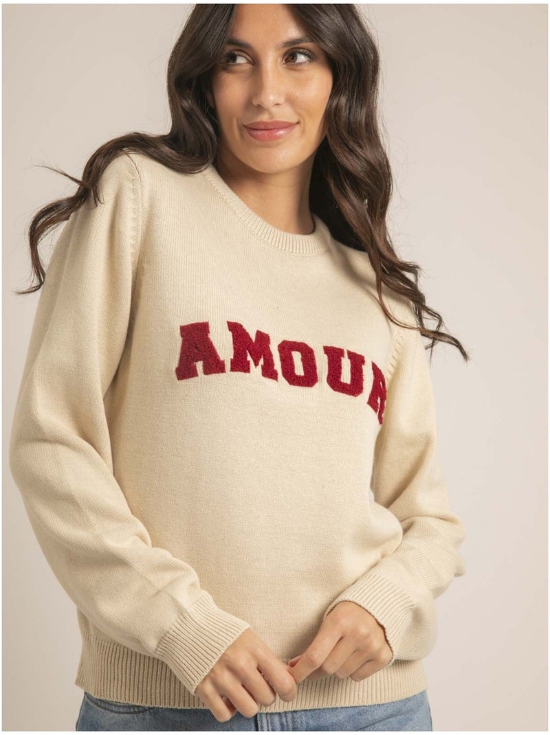 Pull col rond pur coton message kouri Beige - Kiabi