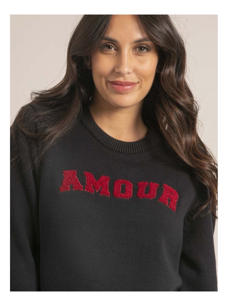 Pull col rond pur coton message kouri Bleu marine - Kiabi