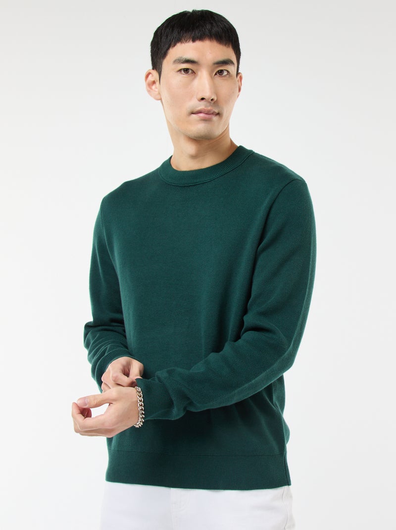 Pull col rond uni Vert - Kiabi