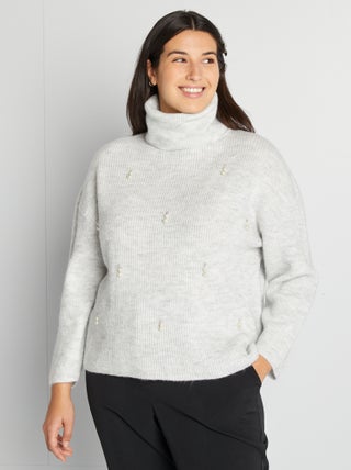 Pull col roulé en maille tricot avec perles fantaisies