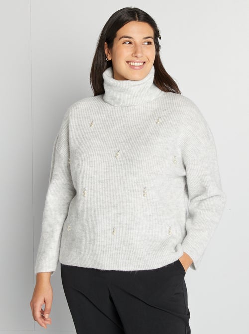 Pull col roulé en maille tricot avec perles fantaisies - Kiabi