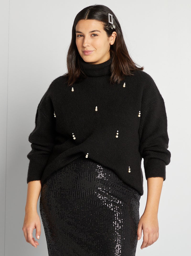 Pull col roulé en maille tricot avec perles fantaisies noir - Kiabi