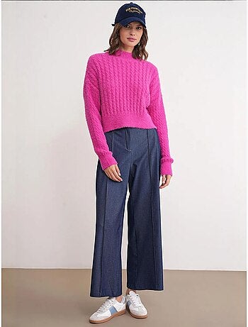 Pull col roulé mi-long en tricot épais avec motif tresse mixray