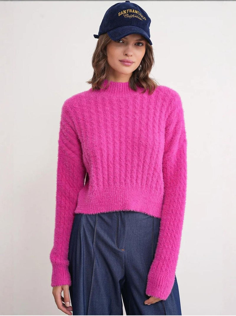 Pull col roulé mi-long en tricot épais avec motif tresse mixray Cerise - Kiabi
