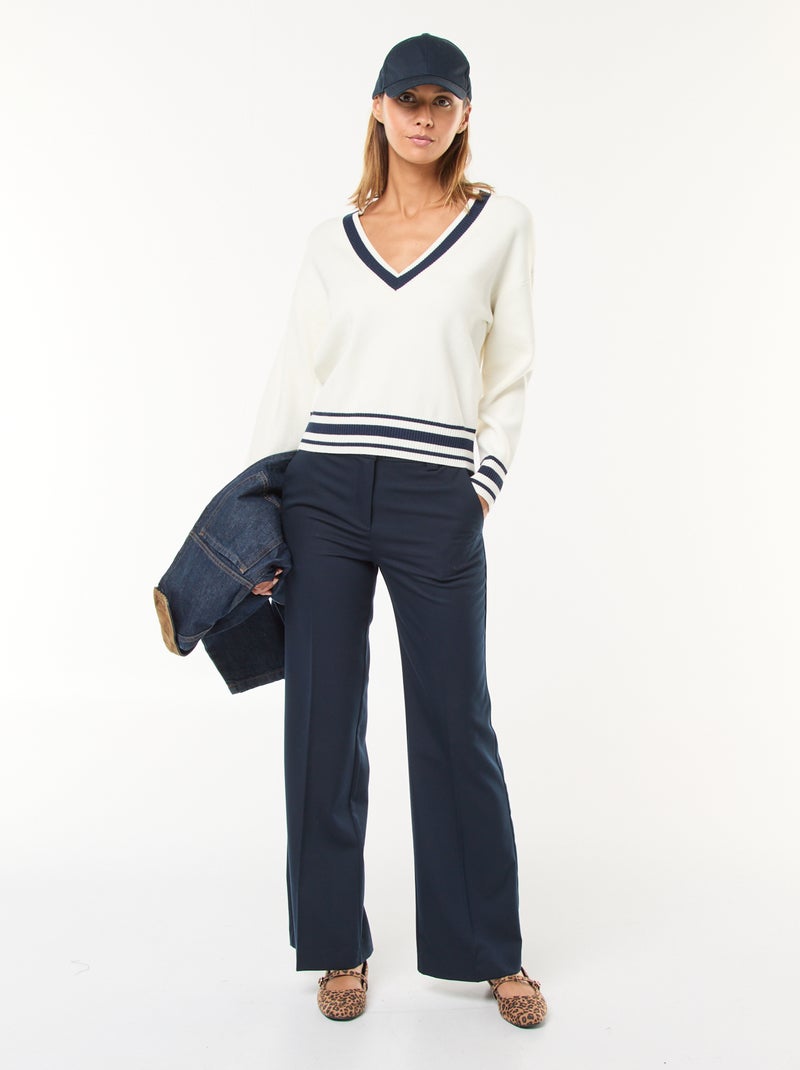 Pull col V avec bandes contrastées Blanc - Kiabi