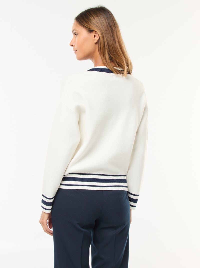 Pull col V avec bandes contrastées Blanc - Kiabi