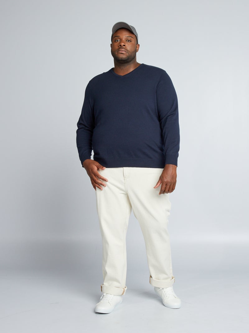 Pull col V en maille à fine jaune bleu marine - Kiabi