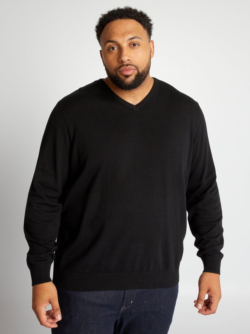 Pull col V en maille à fine jaune noir - Kiabi