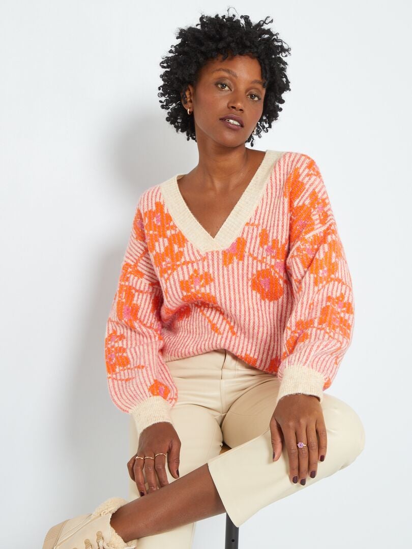 Pull Col V En Maille Orange Rose Kiabi