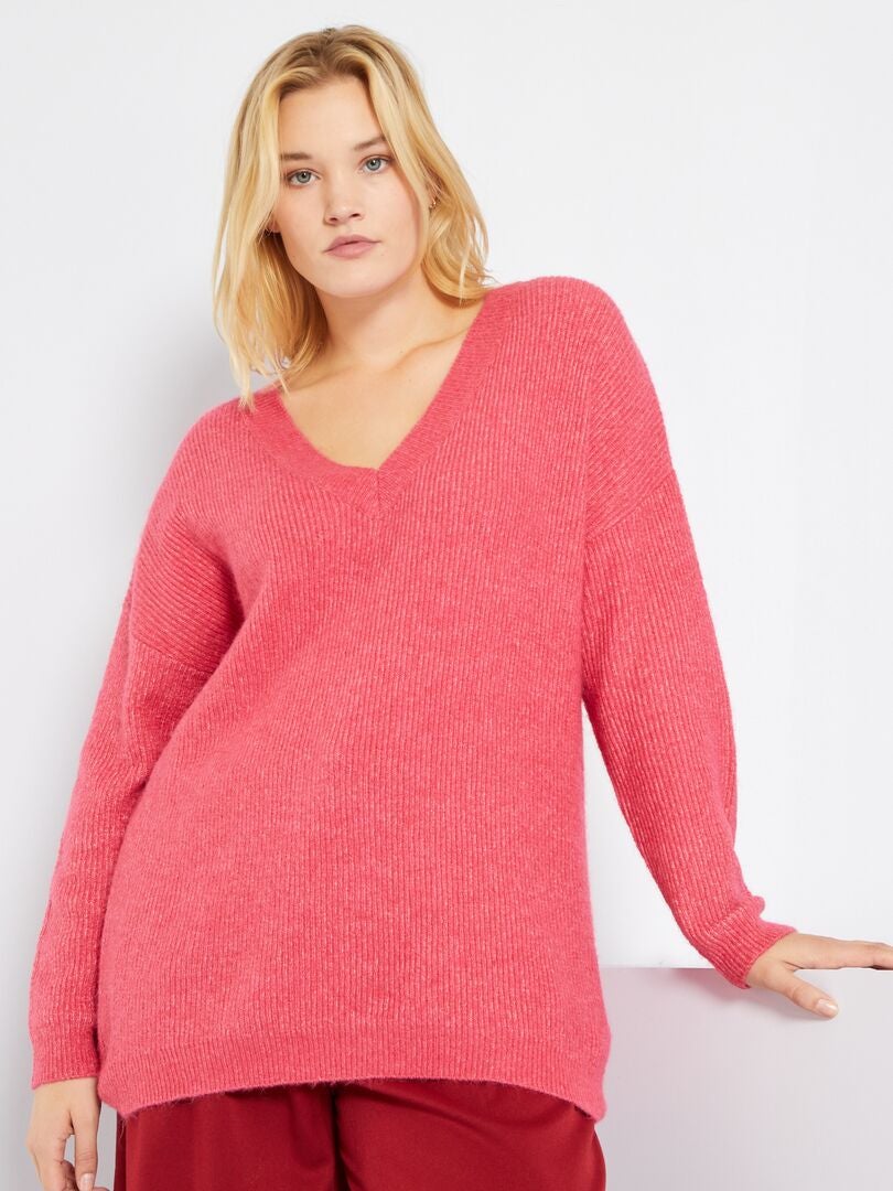 Pull Col V En Maille Tricot Rose Kiabi