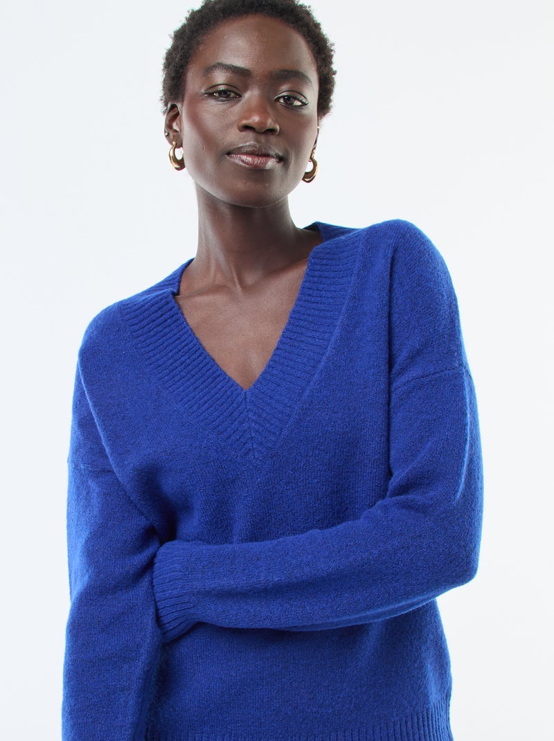 Pull col V uni Bleu - Kiabi