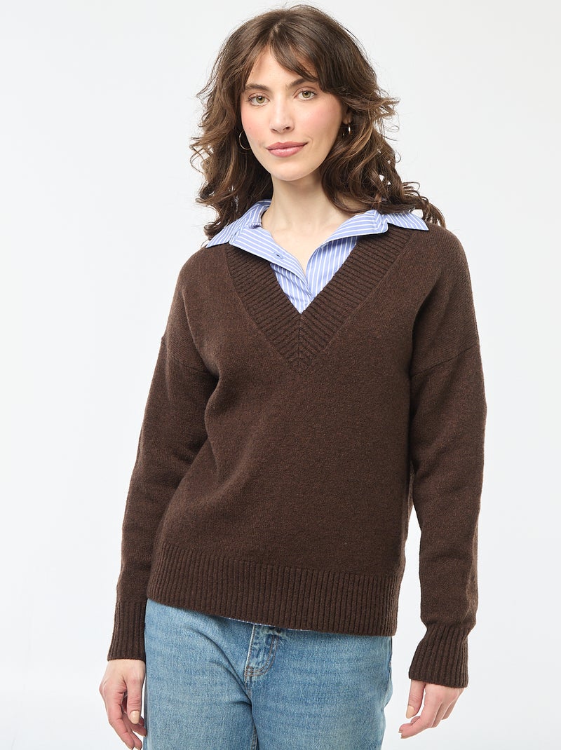 Pull col V uni Marron - Kiabi