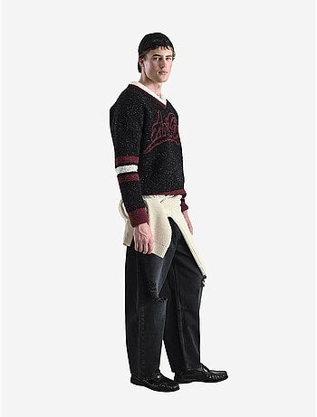 Pull comfort fit en maille épaisse à col en v avec imprimé devise giesto
