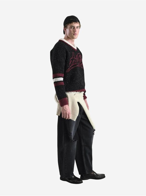 Pull comfort fit en maille épaisse à col en v avec imprimé devise giesto - Kiabi