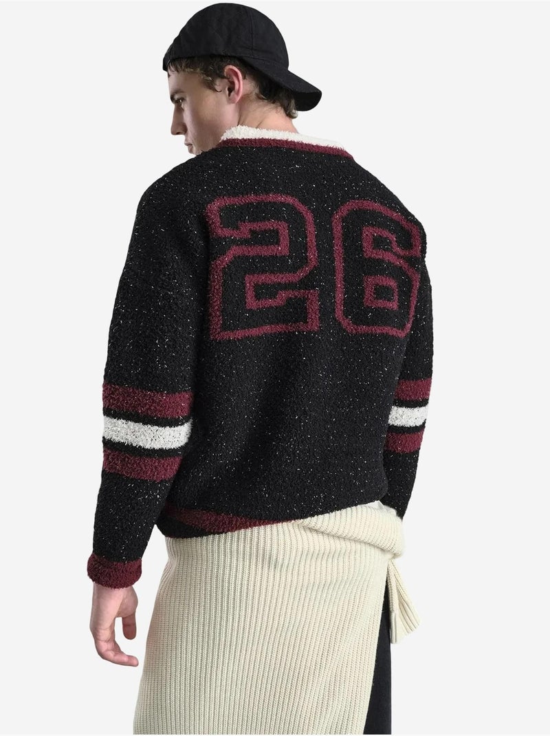 Pull comfort fit en maille épaisse à col en v avec imprimé devise giesto Noir - Kiabi