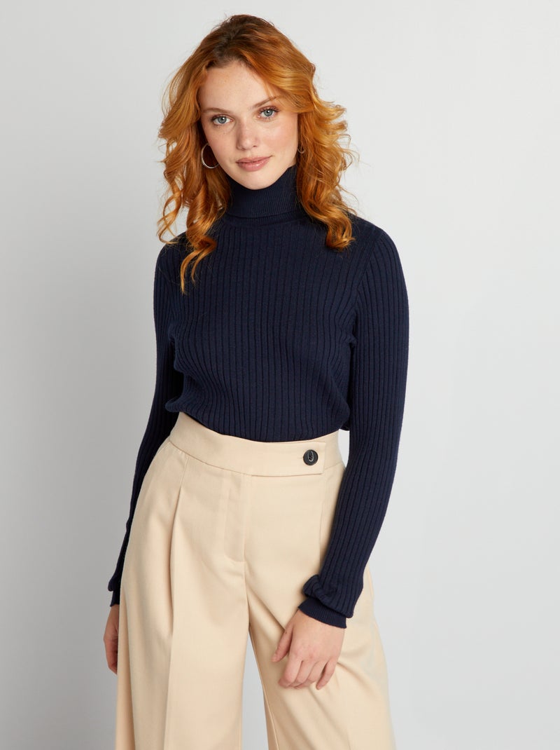 Femmes Pull Occasionnel Doux Couleur Unie Côtelé Col roulé Boutons