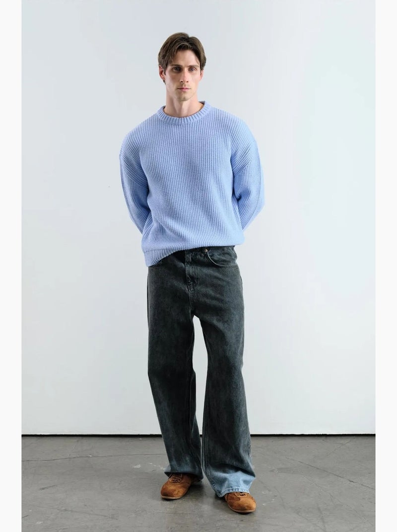 Pull côtelé à col rond comfort fit giesto Bleu clair - Kiabi