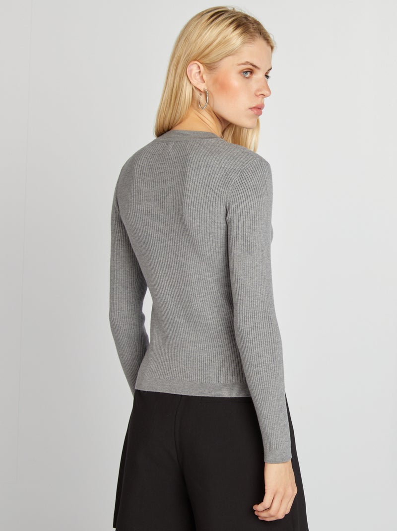 Pull côtelé à col rond Gris - Kiabi