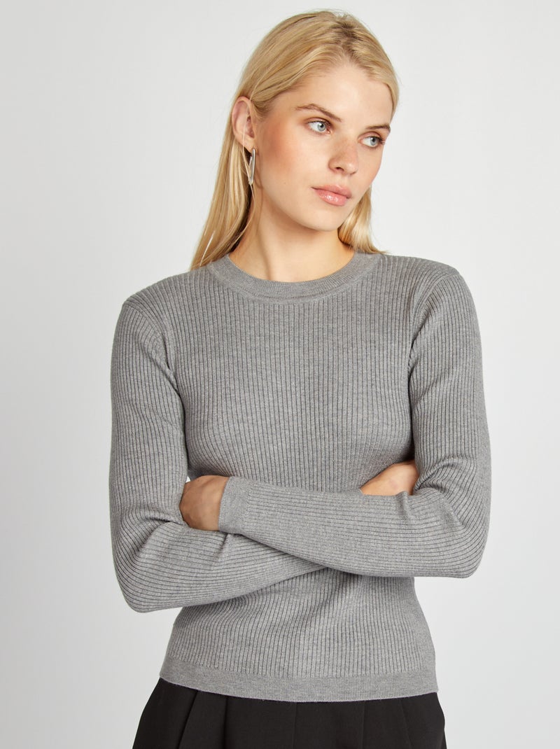 Pull côtelé à col rond Gris - Kiabi