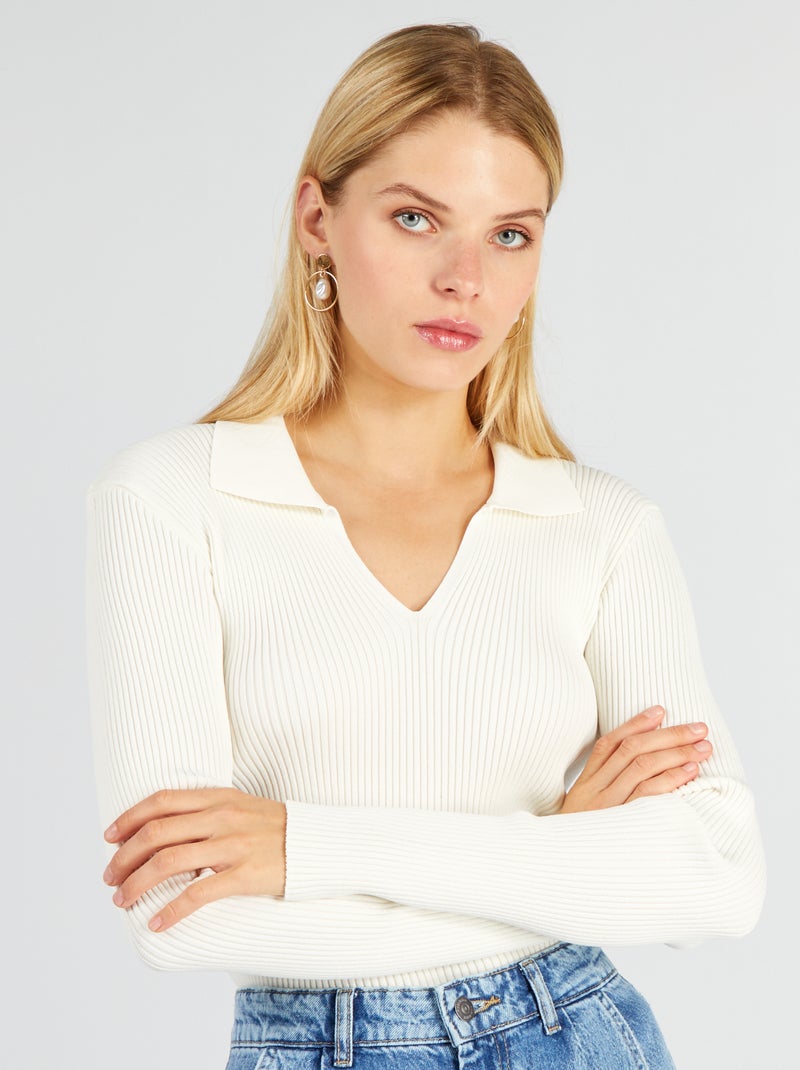 Pull côtelé à col V blanc - Kiabi