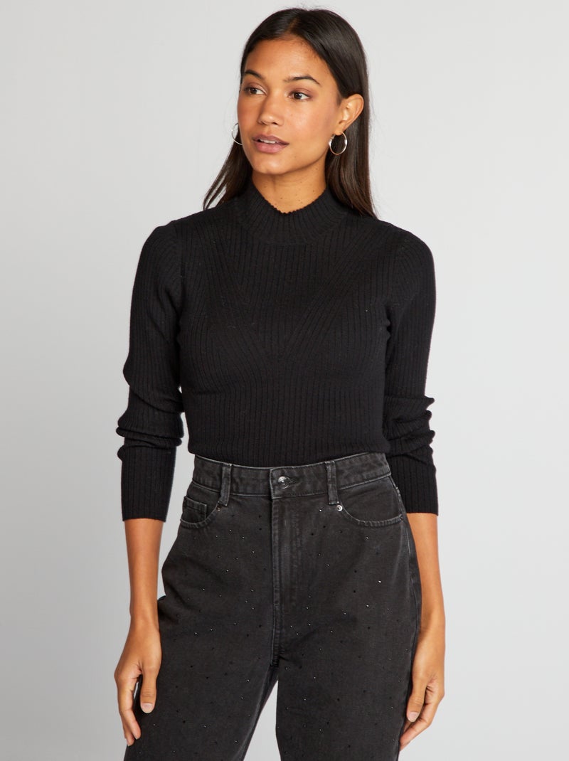 Pull côtelé avec col montant noir - Kiabi