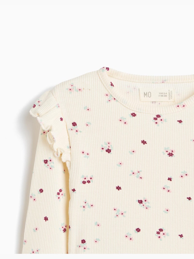 Pull côtelé avec des fleurs, mo fashion Blanc - Kiabi