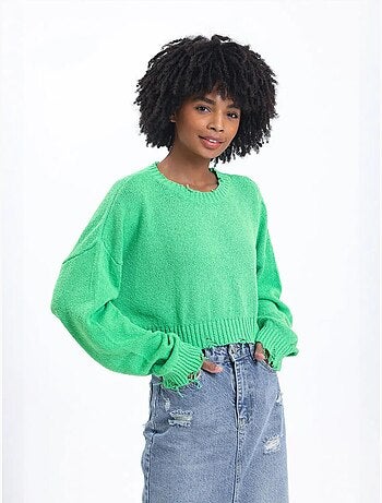 Pull court déchiré à col rond uni