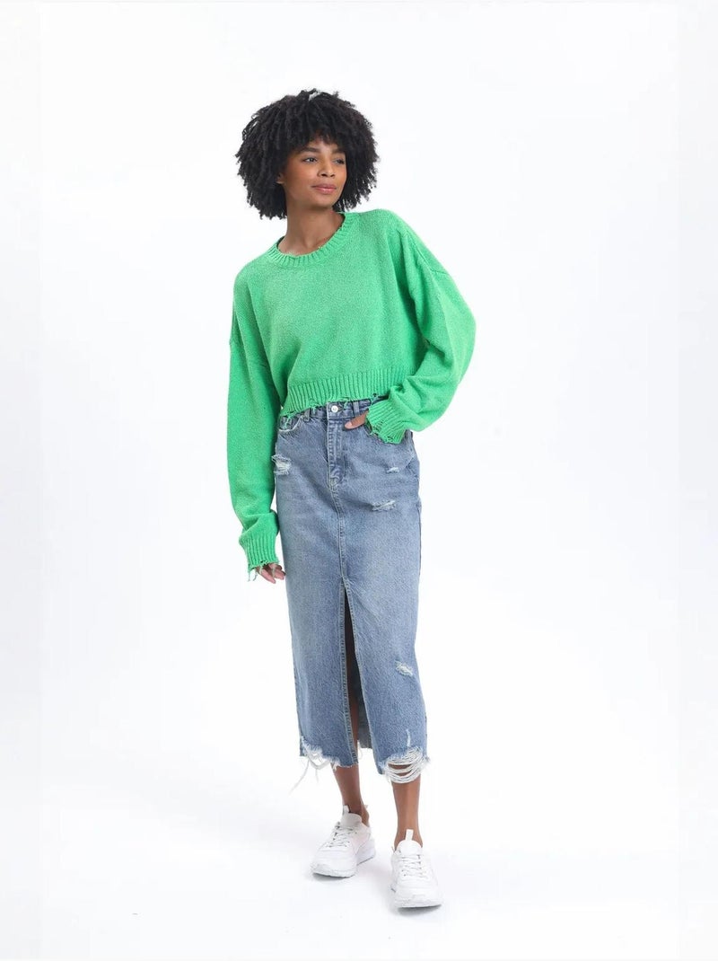 Pull court déchiré à col rond uni Vert - Kiabi