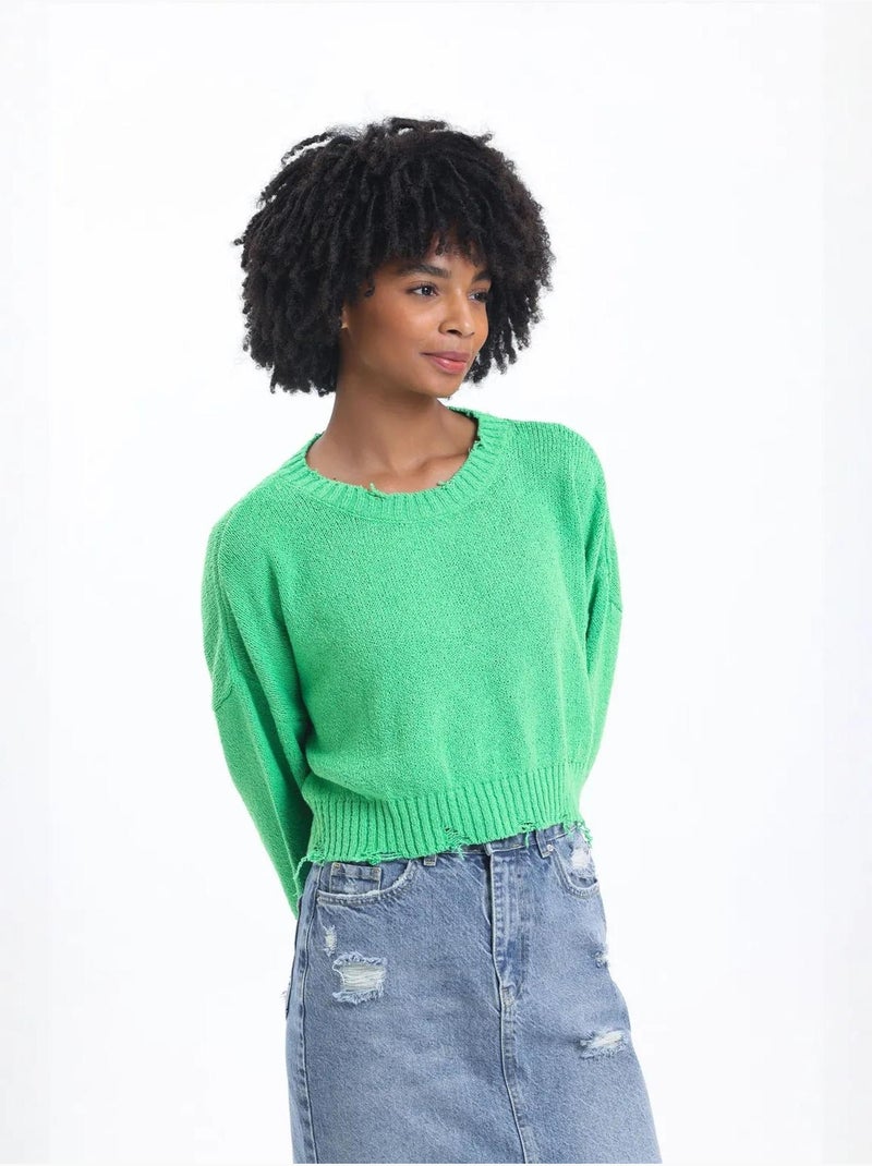 Pull court déchiré à col rond uni Vert - Kiabi