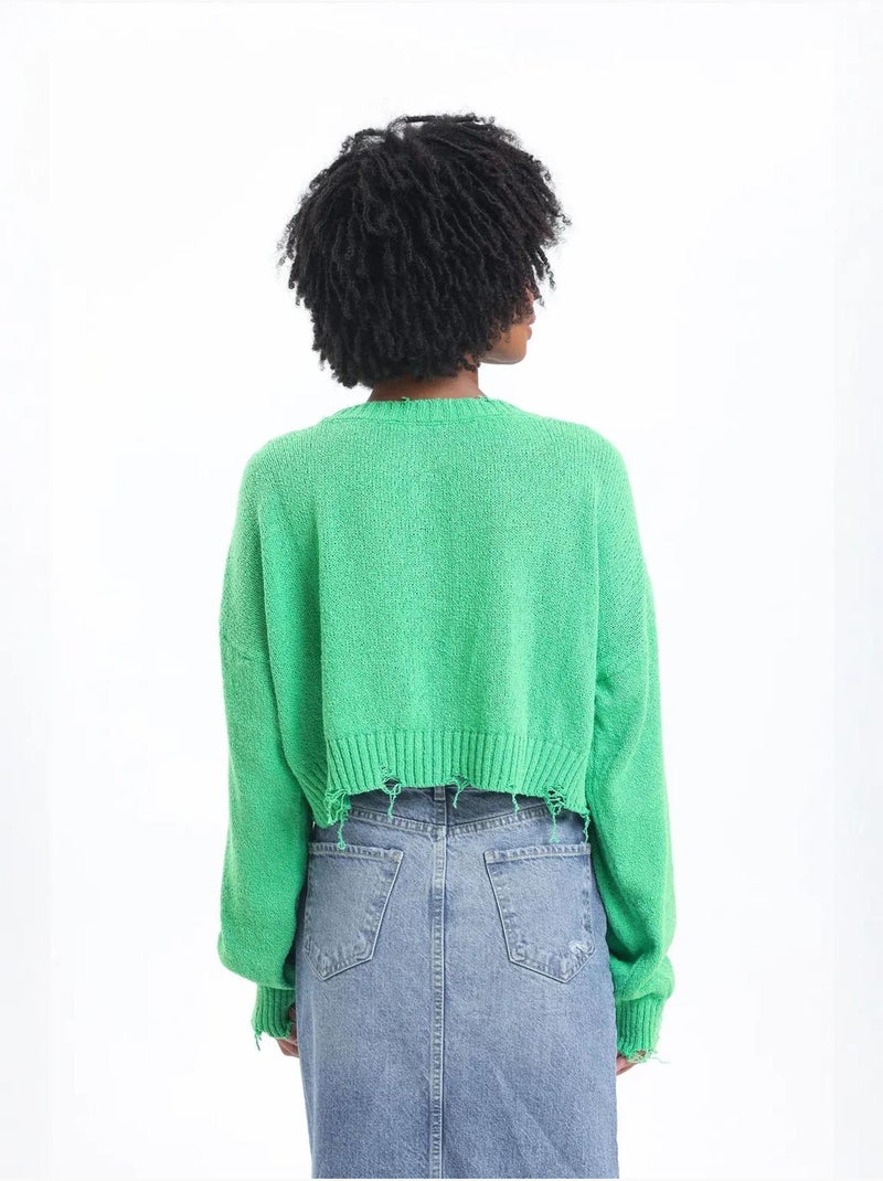 Pull court déchiré à col rond uni Vert - Kiabi