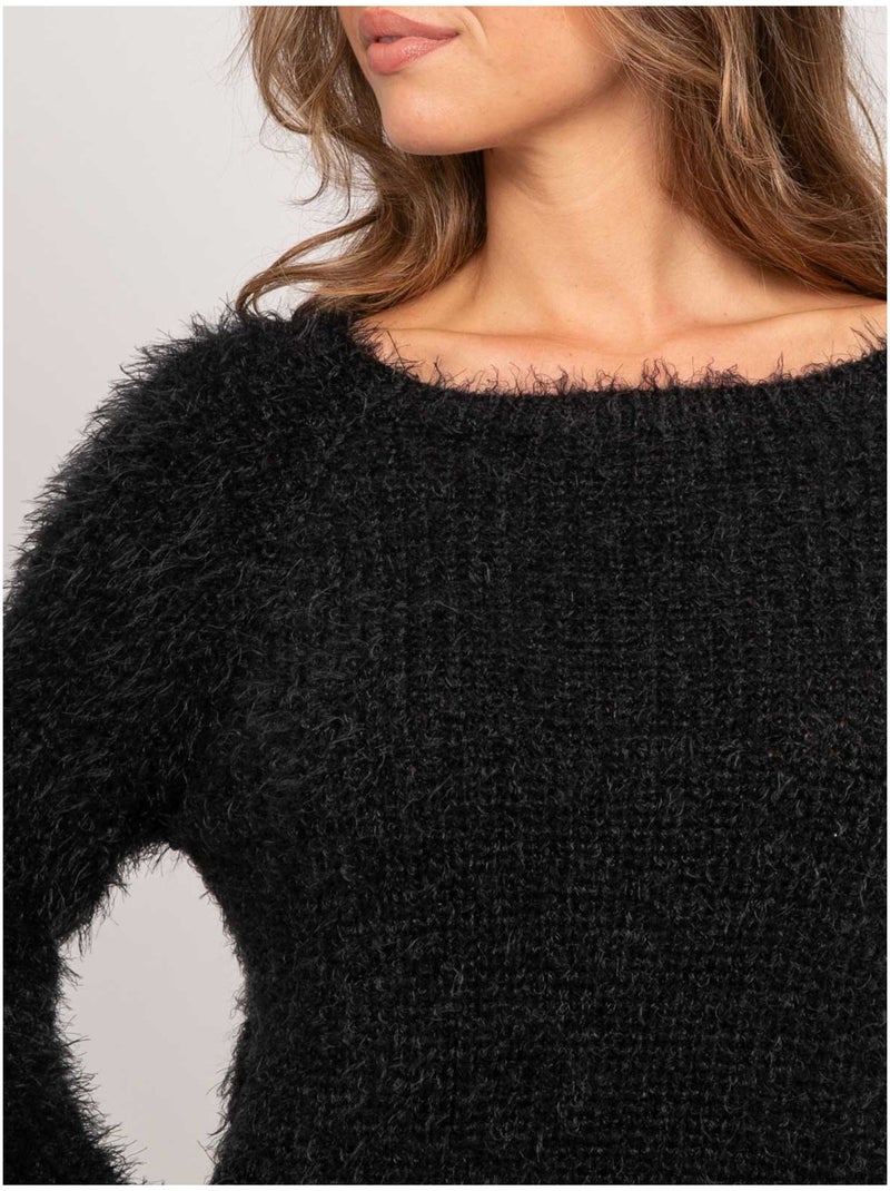 Pull court en maille poilue encolure dégagée kynaelle Noir - Kiabi