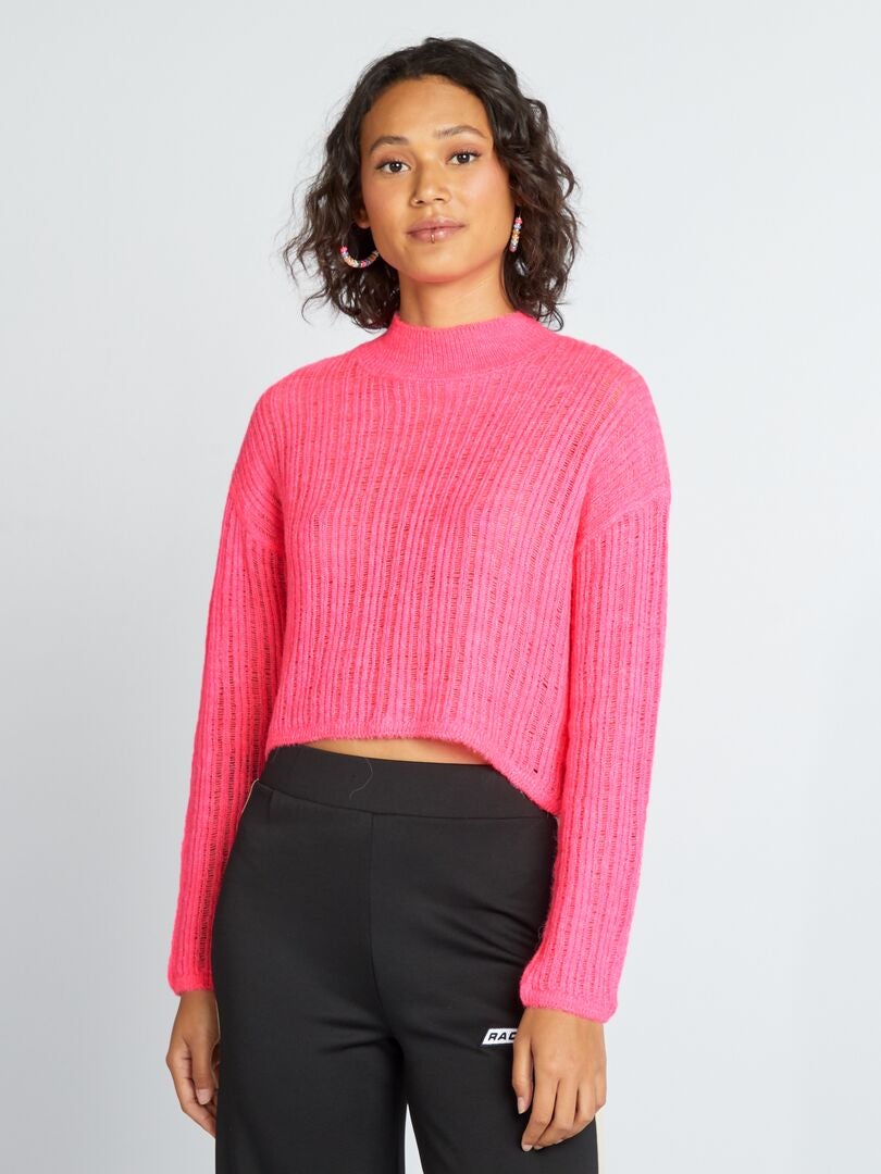 Pull Crop Top Rose Avec Capuche - Coton, Manches Bouffantes, Motifs Variés, Taille M