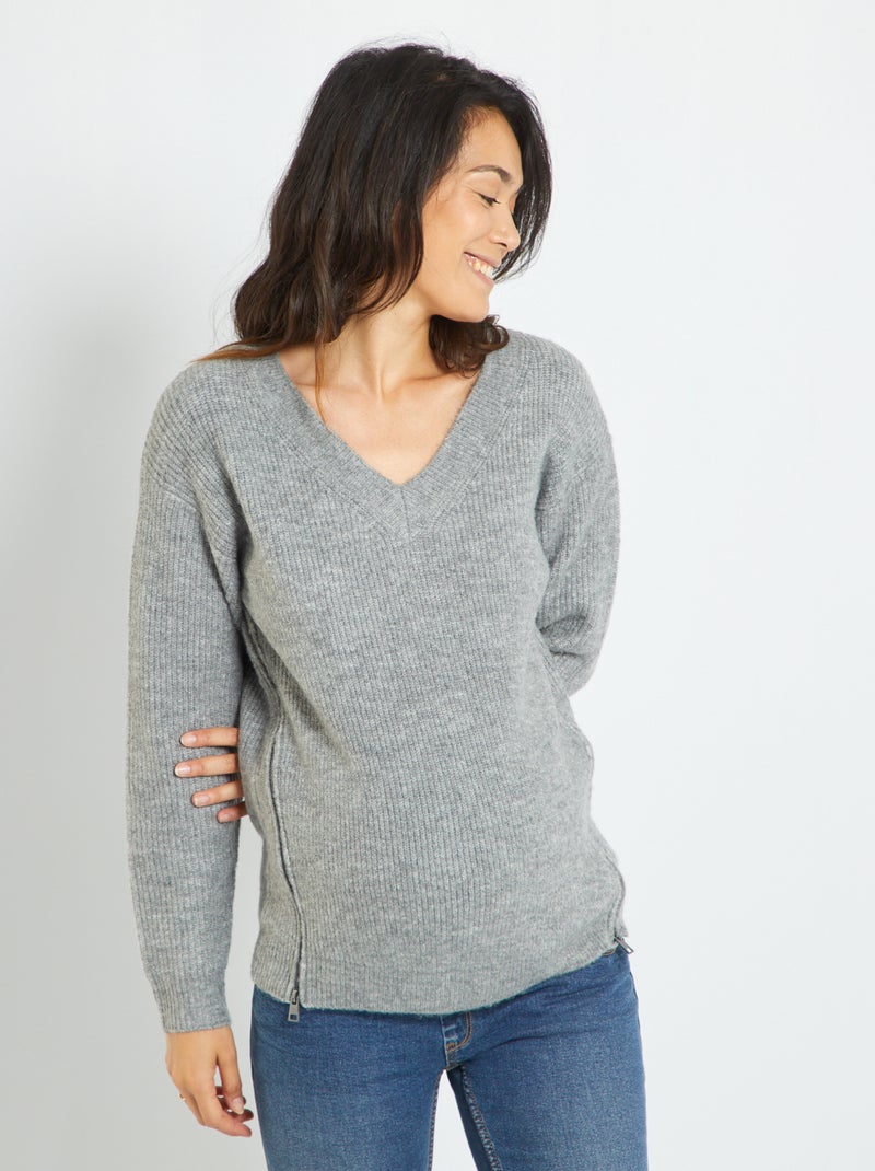 Pull d'allaitement col V Gris - Kiabi
