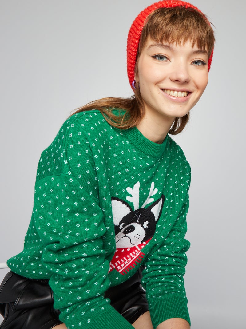 Pull de Noël 'Bulldog' Vert - Kiabi