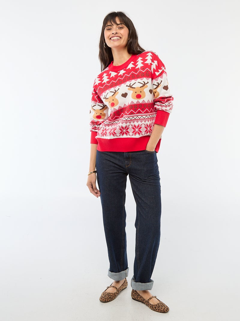 Pull de Noël en jacquard 'renne' Rouge - Kiabi