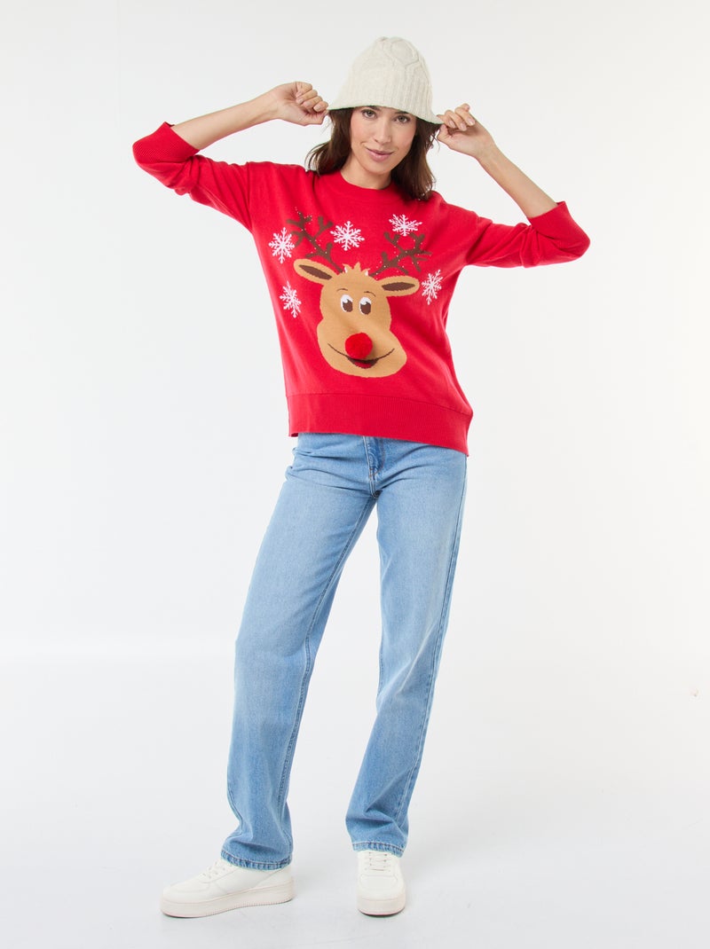 Pull femme noël flocon de neige fauve col rond pull manches longues