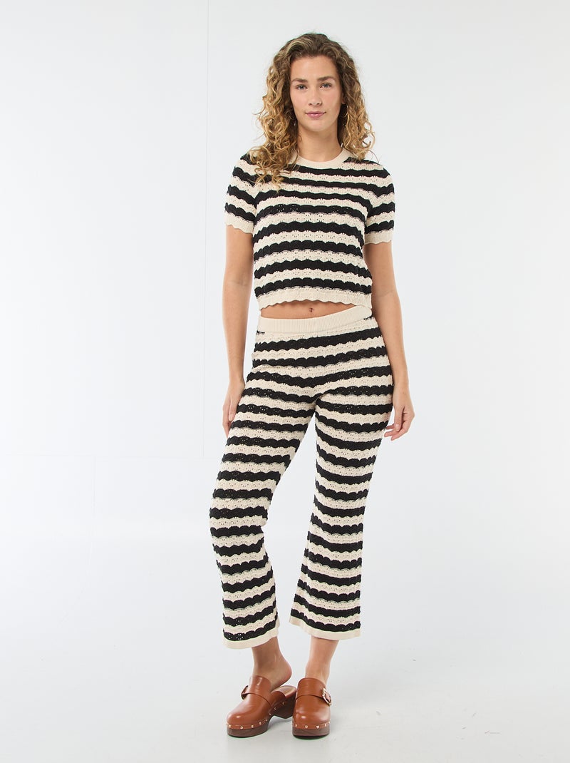 Pull en crochet à manches courtes Beige/noir - Kiabi