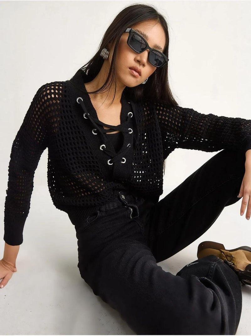 Pull en maille à capuche et cordon de serrage lucci Noir - Kiabi