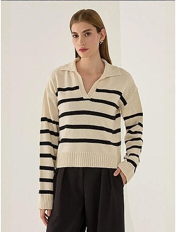 Pull en maille à col polo rayé