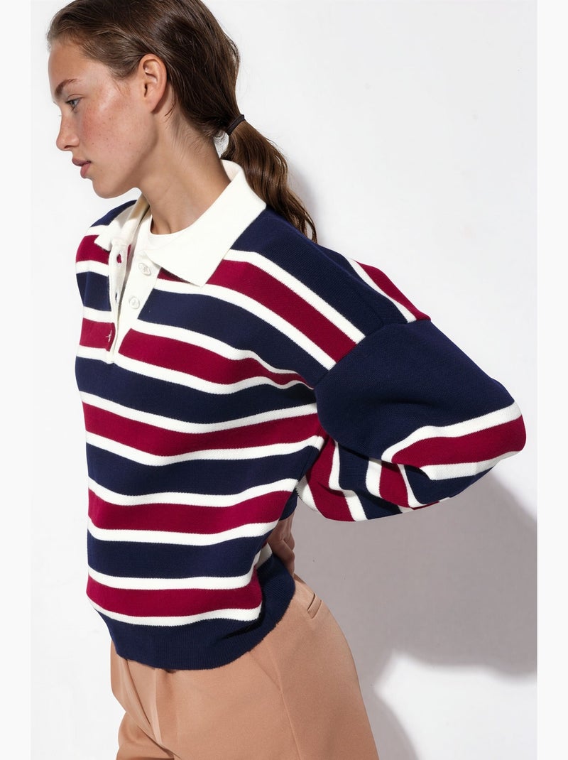 Pull en maille à col polo rayé hiccup Bleu marine - Kiabi