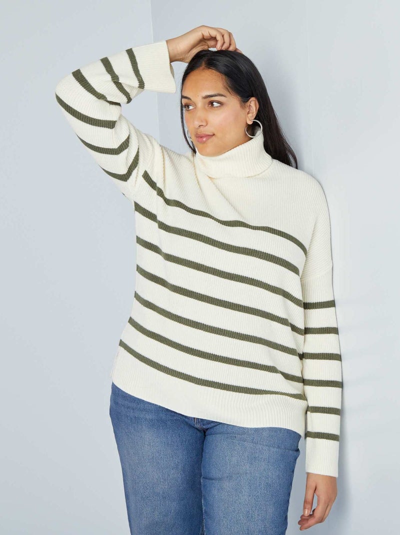Pull en maille à col roulé Beige/vert - Kiabi